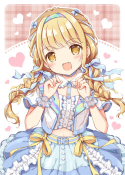 1girl :d absurdres blonde_hair blue_bow blue_skirt blush bow braid breasts brown_eyes center_frills commentary_request crop_top fang frilled_skirt frills fujita_kotone gakuen_idolmaster hair_bow hairband hands_up head_tilt heart highres idolmaster jacket long_hair looking_at_viewer low_twintails nanase_miori navel open_clothes open_jacket open_mouth plaid_background short_sleeves skirt small_breasts smile solo twin_braids twintails very_long_hair white_jacket wrist_cuffs