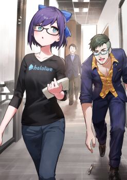 Rule 34 | 1girl, 2boys, :d, a-chan (1st costume) (hololive), a-chan (hololive), absurdres, black hair, black shirt, blue bow, blue eyes, blue jacket, blue pants, bow, commentary request, daidou shinove, glasses, green hair, hair bow, highres, holding, hololive, holostars, indoors, jacket, long sleeves, multiple boys, nemoto yuuma, notice lines, open clothes, open jacket, open mouth, pants, parted lips, pen, print shirt, purple eyes, revision, shirt, shoes, smile, virtual youtuber, walking, yagoo, yellow shirt