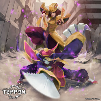 2girls asian blue_hair blue_skin blush_stickers bracelet breasts brown_eyes brown_hair building capcom chinese_clothes city claw_(weapon) cleavage cleavage_cutout clothing_cutout colored_skin darkstalkers darkstalkers_3 day destruction fighting_stance hat highres holding holding_ofuda hsien-ko jewelry jiangshi loincloth looking_at_viewer medium_breasts mei-ling_(darkstalkers) multiple_girls official_art ofuda ofuda_on_hat purple_hair serrated_sword shiyuu_(shiyu) siblings sisters sword talisman teppen undead weapon