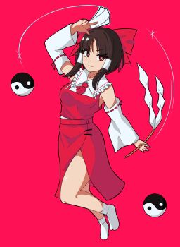 Rule 34 | 1girl, absurdres, arm up, ascot, bare shoulders, black hair, bow, commentary, detached sleeves, embodiment of scarlet devil, full body, gohei, hair bow, hair tubes, hakurei reimu, highres, holding, holding gohei, holding ofuda, looking at viewer, motion lines, mumeinameless, no shoes, nontraditional miko, ofuda, pink background, red ascot, red bow, red eyes, red skirt, ribbon-trimmed sleeves, ribbon trim, shirt, side slit, sidelocks, skirt, skirt set, sleeveless, sleeveless shirt, smile, socks, solo, touhou, white shirt, white socks, yin yang