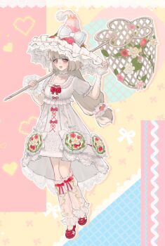 Rule 34 | 1girl, absurdres, argyle clothes, argyle sleeves, arm warmers, blonde hair, blunt bangs, bow, bow button, bow choker, bow legwear, bowtie, butterfly net, carrying over shoulder, chinese commentary, choker, collarbone, colorful background, commentary request, dot nose, dress, dress ribbon, eyelashes, floral print, food-themed hair ornament, frilled arm warmers, frilled bow, frilled choker, frilled footwear, frilled headwear, frilled leg warmers, frilled sleeves, frills, full body, hair ornament, hand net, happy, hat, hat bow, heart, highres, holding, holding butterfly net, infinity nikki, lace, lace-trimmed dress, lace trim, leg warmers, loafers, long hair, looking at viewer, low-tied long hair, luoyuzhanhua, medium dress, nikki (series), open mouth, outline, pink choker, pink eyes, polka dot, polka dot bow, polka dot bowtie, pom pom (clothes), print dress, puffy short sleeves, puffy sleeves, red bow, red bowtie, red hat, red shoes, ribbon, ribbon-trimmed choker, see-through clothes, see-through leg warmers, see-through sleeves, shadow, shoes, short sleeves, smile, solo, standing, strawberry hair ornament, sweet waltz (infinity nikki), tailcoat, very long hair, white arm warmers, white bow, white bowtie, white dress, white leg warmers, white outline, white ribbon, witch hat