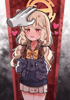 1girl 1other aoba_(blue_archive) bare_legs black_jacket blonde_hair blue_archive blush bow bowtie brown_gloves collared_shirt cowboy_shot dirty dirty_clothes dirty_face furrowed_brow gloves hair_ornament hairclip half-closed_eyes halo hands_up headpat heart highres i-nn jacket large_bow loli long_hair long_sleeves looking_at_another low_twintails shirt skirt smile solo standing thigh_gap thighs twintails twitter very_long_hair white_skirt yellow_bow yellow_bowtie yellow_halo