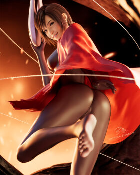 1girl ass barefoot billyhhyb bodysuit breasts character_mask cloak commentary cosplay english_commentary final_fantasy final_fantasy_vii final_fantasy_vii_remake highres holding holding_mask horned_mask hornet_(hollow_knight) hornet_(hollow_knight)_(cosplay) latex latex_bodysuit looking_at_viewer mask medium_breasts paid_reward_available pantyhose red_cloak short_hair simple_background smile solo standing standing_on_one_leg toes white_background white_mask yuffie_kisaragi