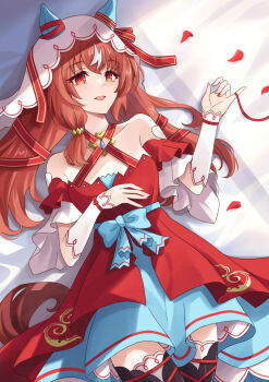 1girl :d animal_ears bare_shoulders brown_hair commentary_request detached_sleeves dress hair_between_eyes highres horse_ears horse_girl horse_tail long_hair looking_at_viewer lying nasupon_54115 on_back open_mouth red_eyes red_nails red_petals smile solo still_in_love_(scarlet_vow_raiment)_(umamusume) still_in_love_(umamusume) string string_of_fate tail umamusume veil white_veil