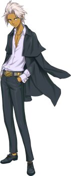 1boy belt black_pants black_shoes chain collared_shirt full_body gold_chain green_eyes grey_belt hands_in_pockets highres iwamoto_tatsurou jacket jacket_on_shoulders kakuryu_jabo official_art pants partially_unbuttoned shin_megami_tensei shin_megami_tensei:_liberation_dx2 shirt shoes simple_background solo standing third-party_source transparent_background white_hair