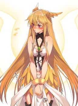 1girl armor armored_dress bare_shoulders black_boots blonde_hair blush boots bracelet breastplate breasts brooch cleavage dress energy_wings fate/grand_order fate_(series) flying_sweatdrops head_wings highres jewelry large_breasts long_hair looking_to_the_side mitsurugi_sugar pelvic_curtain red_eyes sidelocks solo textless_version thigh_boots thighs thrud_(fate) valkyrie_(fate) white_dress wings