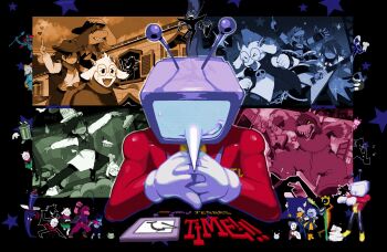 >_< 4girls 6+boys ant_tenna band_(music) bendedede black_background chief_undyne deltarune dinosaur_costume elnina_(deltarune) glasses gloves hat highres holding holding_microphone jacket kris_(cooking_show)_(deltarune) kris_(dark_world)_(deltarune) kris_(deltarune) kris_(lightners_live)_(deltarune) kris_(shootout)_(deltarune) lancer_(deltarune) lanino_(deltarune) microphone multiple_boys multiple_girls multiple_views object_head open_mouth pippins_(deltarune) radio_antenna ralsei ralsei_(cooking_show) ralsei_(lightners_live) ralsei_rancher ramb_(deltarune) red_jacket roaring_knight round_eyewear rouxls_kaard shadowguy_(deltarune) sharp_teeth shuttah_(deltarune) solo_focus spamton_g._spamton star_(symbol) steepled_fingers susie_(cooking_show)_(deltarune) susie_(dark_world)_(deltarune) susie_(deltarune) susie_(lightners_live)_(deltarune) susie_(shootout)_(deltarune) susiezilla sweat teeth television toriel toriel_(dark_world) undyne undyne_(dark_world) utdr_(toby_fox) white_gloves zapper_(deltarune)