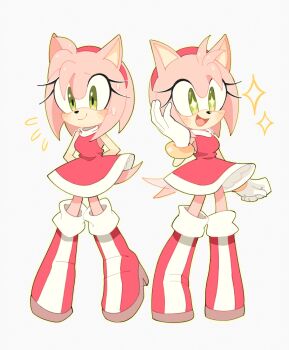 1girl :d amy_rose blush boots bracelet closed_mouth dress eyelashes flying_sweatdrops full_body furry furry_female gloves green_eyes hairband hashtag-only_commentary high_heel_boots high_heels highres jewelry mokapaan multiple_views open_mouth pink_hair red_boots red_dress red_hairband short_hair sleeveless sleeveless_dress smile sonic_(series) star-shaped_pupils star_(symbol) symbol-shaped_pupils tail white_background white_gloves