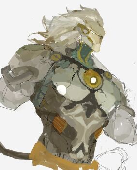 0_0ffline 1boy absurdres banyue_(zenless_zone_zero) grey_background grey_hair highres long_hair looking_to_the_side male_focus muscular muscular_male robot_boy tail topless_male zenless_zone_zero