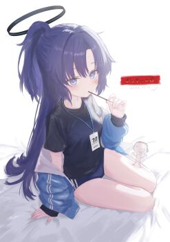 1boy 1girl 2025 absurdres backlighting bed_sheet black_halo black_shirt blue_archive blue_buruma blue_eyes blue_jacket blush buruma chibi chibi_inset commentary dated doodle_sensei_(blue_archive) food food_in_mouth full_body gym_shirt gym_uniform hair_between_eyes hair_intakes half_updo halo hand_up heart heart_in_eye highres holding holding_food holding_pocky id_card jacket long_hair looking_at_viewer mechanical_halo melting millennium_science_school_logo official_alternate_costume official_alternate_hairstyle open_clothes open_jacket pocky pocky_day pocky_in_mouth ponytail purple_hair rns sensei_(blue_archive) shirt short_ponytail short_sleeves sidelocks simple_background sitting solo_focus star_(symbol) star_sticker sticker sticker_on_face symbol_in_eye thighs track_jacket translated very_long_hair white_background yokozuwari yuuka_(blue_archive) yuuka_(track)_(blue_archive)