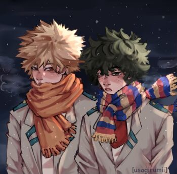 2boys artist_name bakugou_katsuki blonde_hair boku_no_hero_academia brown_eyes exhosofsilence fluffy_hair freckles green_hair grey_jacket highres jacket male_focus midoriya_izuku multiple_boys orange_scarf scarf snowflakes spiked_hair upper_body winter_clothes