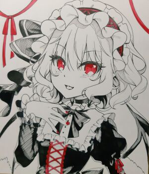 1girl :d bat_wings beni_kurage black_bow black_dress black_hairband bow commentary_request dress fang frilled_hairband frills hairband juliet_sleeves long_sleeves looking_at_viewer open_mouth puffy_sleeves red_eyes red_nails red_ribbon remilia_scarlet ribbon short_hair smile solo spot_color touhou traditional_media upper_body wings