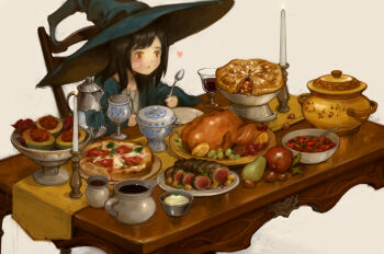 1girl arm_on_table arm_rest bandaid bandaid_on_cheek bandaid_on_face beetroot black_hair black_hat black_robe blush bowl brown_eyes candle candlestand chair chalice coffee_pot commentary_request cooking_pot cup drink food fork fruit grapes gravy gravy_boat hat heart highres holding holding_fork holding_spoon lemon lemon_slice long_hair mogoshin original parted_lips pear pie pizza plate robe simple_background sitting solo soup spoon table tablecloth white_background witch witch_hat wooden_chair wooden_table