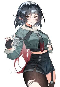 1girl animal_ears black_gloves black_hair black_necktie black_shorts blue_eyes blush cowboy_shot dodosaae fingerless_gloves fur-trimmed_jacket fur_trim garter_straps gloves grey_jacket high-waist_shorts highres jacket jane_doe_(zenless_zone_zero) long_hair looking_at_viewer mouse_ears mouse_girl multicolored_hair necktie pantyhose parted_lips red_hair red_nails red_necktie shorts simple_background single_garter_strap single_leg_pantyhose single_thighhigh smile solo thighhighs torn_clothes torn_pantyhose two-tone_necktie white_background zenless_zone_zero