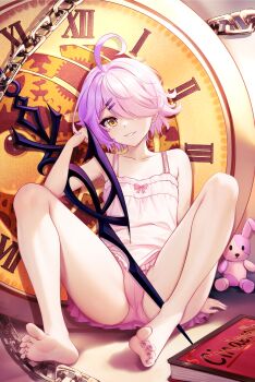 1girl absurdres ahoge barefoot benghuai_xueyuan book breasts brown_eyes cameltoe camisole chain clock collarbone commentary_request feet grin hair_intakes hair_ornament hair_over_one_eye hairclip hand_up highres honkai_(series) knees_up legs loli looking_at_viewer multicolored_hair nail_polish panties pink_hair pink_panties pink_skirt pleated_skirt purple_hair purple_nails roman_numeral sharp_teeth short_hair sin_mal sin_mal0909 sitting skirt small_breasts smile soles solo stitches stuffed_animal stuffed_rabbit stuffed_toy teeth toenail_polish toenails toes two-tone_hair underwear white_camisole