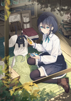 1girl absurdres black_cat black_hair black_skirt black_thighhighs book book_stack bookshelf boots bottle breasts brown_boots cat collared_shirt commentary_request dappled_sunlight folded_clothes full_body green_eyes green_neckerchief hair_between_eyes hair_ornament hairclip highres holding holding_bottle holding_potion long_sleeves looking_at_viewer medium_breasts medium_hair neckerchief open_mouth open_suitcase original potion rug scroll senri_(senri_sen) shirt sitting skirt suitcase sunlight sweater thighhighs unworn_shirt unworn_sweater wariza white_shirt wooden_floor