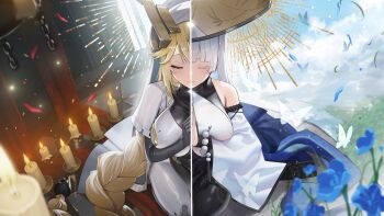 2girls absurdres breasts closed_eyes goddess_of_victory:_nikke hat highres jingasa large_breasts long_hair monk multiple_girls nayuta_(nikke) nun own_hands_clasped own_hands_together palms_together praying rapunzel_(nikke) shrine split-color_clothes teddypocky thick_eyelashes