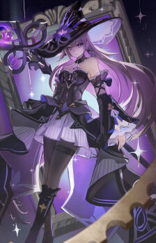 1girl absurdres bare_shoulders black_boots black_dress black_hat boots detached_sleeves dress floating_hair flower hand_up hat hat_flower herta_(honkai:_star_rail) highres honkai:_star_rail honkai_(series) knee_boots long_hair long_sleeves purple_eyes purple_flower purple_hair purple_nails smile solo standing the_herta_(honkai:_star_rail) very_long_hair wide_sleeves witch_hat zkue