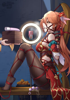 1other anal anal_beads anal_object_insertion arms_behind_back ball_gag basket bdsm black_pantyhose bondage bound bound_arms bound_legs bound_torso breasts cellphone dildo drooling food from_side fruit gag gag_harness gagged gloves guinaifen_(honkai:_star_rail) highres honkai:_star_rail honkai_(series) indoors long_hair looking_at_another medium_breasts no_shoes object_insertion orange_(fruit) orange_eyes orange_hair pantyhose partially_fingerless_gloves phone pornography_production profile pussy_juice pussy_juice_puddle recording red_rope reverse_prayer rope saliva saliva_trail sex_toy shibari shibari_over_clothes side_ponytail sideboob sitting skin_tight skindentation smartphone yiduan_zhu
