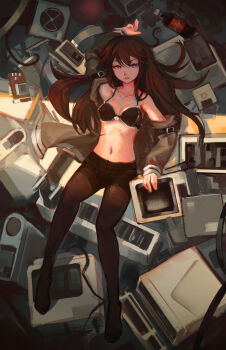 1girl black_bra black_pantyhose blue_eyes bra breasts brown_hair computer computer_tower crotch_seam female_focus highres long_hair lying makise_kurisu md5_mismatch navel no_shirt off_shoulder on_back panties panties_under_pantyhose pantyhose science_adventure shorts small_breasts softmode solo steins;gate underwear