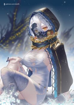 1girl bandaged_leg bandages black_cloak breasts cleavage cloak code_vein commentary dmith dress english_commentary flower hair_between_eyes hood hood_up hooded_cloak io_(code_vein) large_breasts looking_at_viewer mask mouth_mask outdoors patreon_username plant short_dress short_hair sideboob sitting sleeveless sleeveless_dress snow snowing solo thighhighs torn_clothes torn_dress white_dress white_flower white_hair yellow_eyes