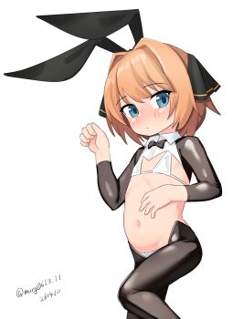 1girl absurdres animal_ears bikini black_bow black_bowtie black_hiphighs black_ribbon black_shrug blue_eyes bow bowtie brown_hair dated detached_collar feet_out_of_frame frontless_outfit hachijou_(kancolle) hair_ribbon highres hiphighs kantai_collection loli maru_(marg0613) one-hour_drawing_challenge rabbit_ears reverse_bunnysuit reverse_outfit ribbon short_hair shrug_(clothing) solo swimsuit twitter_username two_side_up white_bikini