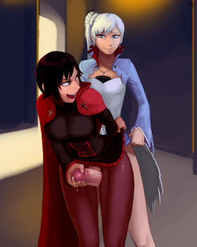 1futa 1girl aka6 blue_eyes breasts cloak cross cum futa_with_female futanari grey_eyes highres huge_penis jewelry leggings multiple_girls necklace pantyhose penis ruby_rose rwby torn_clothes torn_legwear uncensored veins veiny_penis weiss_schnee