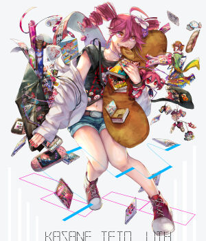 1girl absurdres ahoge akita_neru alternate_costume anniversary badge baguette belt beret black_dress black_hat black_shirt blonde_hair book bow bowtie bread brown_belt brown_hair button_badge cable candy_wrapper cd cellphone character_doll character_name comic_cover cover cropped_shirt denim denim_shorts doll double-parted_bangs dress drill drill_hair dvd_cover earphones fingernails flower food food-themed_pillow food_wrapper green_hat hair_between_eyes hair_flower hair_ornament hair_stick handheld_game_console hands_on_own_hips haninon hat hatsune_miku highres holding holding_phone holding_pill jacket jacket_partially_removed japanese_clothes kagamine_len kagamine_rin kaito_(vocaloid) kasane_teto kasane_teto_(utau) kimono long_hair long_sleeves megurine_luka meiko_(vocaloid) midriff miku_symphony_(vocaloid) momone_momo mouth_hold musical_note nail_polish namine_ritsu navel nintendo_ds official_alternate_costume orange_hair phone pillow pink_eyes pink_flower playstation_portable project_diva_(series) red_bow red_bowtie red_hair red_kimono red_nails red_shoes red_trim shirt shoes short_hair shorts simple_background sleeves_past_wrists smartphone sneakers solo stuffed_toy thighhighs triple_baka_(vocaloid) twin_drills twintails utane_uta utau very_long_hair vocaloid white_background white_dress white_jacket white_shirt yoshiwara_lament_(utau)