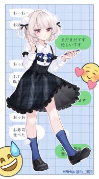 1girl absurdres artist_name black_shoes black_skirt blue_background blue_bow blue_bowtie blue_socks blunt_bangs bow bowtie cellphone collared_shirt commentary_request dress_shirt emoji frilled_skirt frills full_body grid_background hamu_(rz_1023) high-waist_skirt highres holding holding_phone index_finger_raised light_blush loafers long_sleeves miniskirt o_henji_madakana_ojisan_koubun_(voisona) open_mouth outline phone plaid_clothes plaid_skirt pom_pom_(clothes) pom_pom_brooch red_eyes shirt shoes short_hair side_part skirt skirt_flip smartphone socks solo suspender_skirt suspenders translation_request twitter_username two_side_up ui_(voisona) voisona white_outline white_shirt