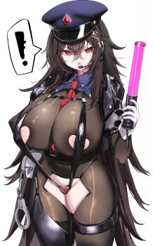 !? 1girl :o absurdres between_breasts black_hair black_slingshot_swimsuit blue_hat bodystocking breasts clothing_cutout commission cowboy_shot crotch_cutout cuffs gloves hair_between_eyes handcuffs hat highres holding huge_breasts krabking long_hair looking_at_viewer microphone necktie necktie_between_breasts original peaked_cap police police_uniform policewoman rame_tree_(heuksaek) red_eyes red_necktie shiny_clothes shrug_(clothing) simple_background slingshot_swimsuit solo spoken_interrobang swimsuit swimsuit_over_clothes thigh_strap very_long_hair white_background white_gloves