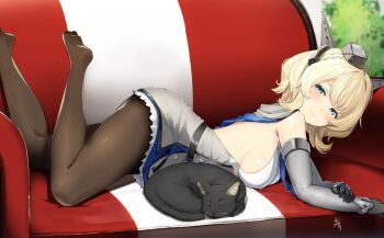1girl bare_shoulders black_gloves blonde_hair blue_eyes blue_necktie blush braid breasts brown_pantyhose capelet cat colorado_(kancolle) dress elbow_gloves feet_up female_focus garrison_cap gloves grey_dress grey_hat hat headgear indoors kantai_collection large_breasts looking_at_viewer lounge lying meth_(emethmeth) necktie no_shoes on_stomach pantyhose plant pleated_dress potted_plant shirt short_hair side_braids sideboob sidelocks signature sleeveless smile solo white_shirt
