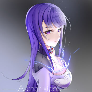 1girl absurdres artist_name blue_pupils breasts cleavage closed_mouth commentary_request electricity genshin_impact glowing gradient_background grey_background highres japanese_clothes kimono large_breasts light_particles light_smile looking_at_viewer looking_to_the_side mole mole_under_eye multicolored_eyes neck_ribbon off_shoulder pink_lips powering_up purple_eyes purple_kimono raiden_shogun red_ribbon ribbon shade solo standing upper_body xiaok