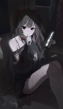 1girl black_hair black_skirt black_sweater blue_eyes cellphone fishnet_pantyhose fishnets hair_ornament hair_ribbon hairclip hashtag-only_commentary highres holding holding_phone kji_(rozo) long_hair looking_at_viewer off-shoulder_sweater off_shoulder pantyhose phone red_ribbon ribbon shirayuki_hina shirayuki_hina_(4th_costume) skirt smartphone solo stellive sweater torn_clothes torn_sweater two_side_up virtual_youtuber