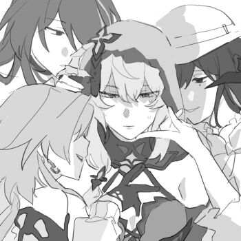 4girls acheron_(honkai:_star_rail) aii1810 bare_shoulders black_swan_(honkai:_star_rail) bow breasts cleavage commentary constance_(honkai:_star_rail) demon_horns earrings evernight_(honkai:_star_rail) gloves greyscale hair_between_eyes hat highres honkai:_star_rail honkai_(series) horns jewelry long_hair looking_down low-tied_long_hair march_7th_(honkai:_star_rail) mole mole_under_eye monochrome multiple_girls nervous shaded_face single_earring strap surrounded veil yuri