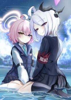 2girls absurdres ahoge amagasa_higashi armband ass black_skirt black_thighhighs blue_archive commentary_request demon_girl demon_horns demon_wings halo heterochromia highres hina_(blue_archive) horns hoshino_(blue_archive) hoshino_(first_year)_(blue_archive) long_hair looking_at_viewer low_wings multiple_girls necktie outdoors pink_hair pink_halo purple_eyes red_armband short_hair sitting skirt sky star_(sky) thighhighs very_long_hair water white_hair wings
