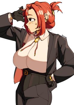 1girl 3amsoda alternate_breast_size_(larger) belt black_gloves black_pants black_suit bolo_tie breasts commentary english_commentary evangeline_morgan folded_ponytail formal_clothes freckles gloves hand_on_own_hip hand_up highres huge_breasts long_sleeves of_the_devil pants red_hair shirt solo suit white_background white_shirt