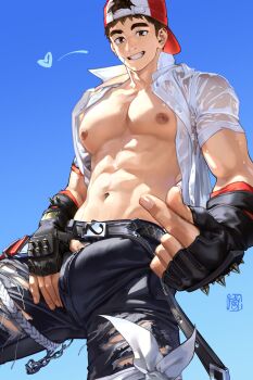 Rule 34 | 1boy, absurdres, bara, baseball cap, beom liben, black hair, black pants, bulge, chrispplus, dress shirt, hat, heart, highres, muscular, muscular male, original, pants, red eyes, shirt, topless male, wet, wet clothes, wet shirt, yaoi