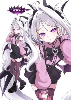 1girl absurdres ahoge aoi_ryo black_halo black_skirt blue_archive blush breasts cellphone demon_girl demon_horns demon_wings full_body halo highres hina_(blue_archive) horns jirai_kei long_hair looking_at_viewer low_wings phone purple_eyes skirt small_breasts smartphone standing twintails very_long_hair white_hair wings