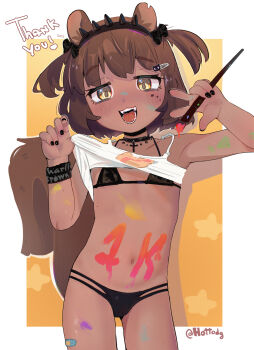 1girl absurdres animal_ears bandaid bottomless brown_hair camisole camisole_lift censored clothes_lift collarbone cropped_legs dark_skin highres holding holding_paintbrush hottodg lifting_own_clothes light_blush loli looking_at_viewer mole mole_under_eye mosaic_censoring open_mouth original paint paint_on_body paintbrush pussy shirt shirt_lift short_hair short_twintails smile solo squirrel_ears squirrel_girl squirrel_tail standing sweatband tail tank_top teeth tongue twintails white_shirt white_tank_top yellow_eyes