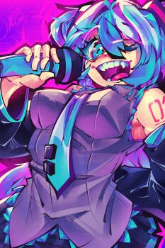 1girl absurdres arm_behind_back black_skirt blue_eyes blue_hair blue_necktie breasts commentary english_commentary grey_shirt hatsune_miku highres holding holding_microphone long_hair looking_at_viewer mi_ji1 microphone music necktie number_tattoo one_eye_closed open_mouth shirt shoulder_tattoo singing skirt sleeveless sleeveless_shirt solo tattoo teeth vocaloid