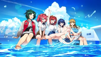 5girls :d :o aqua_eyes arm_up ayato_utae barefoot black_shorts blonde_hair blue_eyes blue_hair blue_shirt blue_skirt blue_sky breasts brown_skirt casual clothes_lift day dolphin_hair_ornament dolphin_wave drill_hair drill_sidelocks game_asset green_eyes green_scrunchie grey_hair grey_shirt hair_intakes hair_ornament hand_on_own_arm harunami_anri highres jacket large_breasts letterman_jacket long_hair looking_at_another looking_at_viewer medium_hair mole mole_under_eye multiple_girls non-web_source official_art one_eye_closed one_side_up ootomo_takuji open_mouth outdoors pink_hair ponytail pool poolside red_hair sakimiya_iruka sakimiya_kohari school_uniform scrunchie self-datamine shirt short_hair short_ponytail shorts sidelocks skirt skirt_lift sky small_breasts smile soaking_feet splashing stretching tojou_michiru two_side_up white_skirt