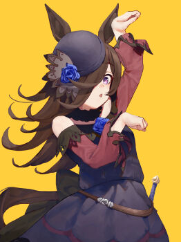 1girl absurdres animal_ears arm_up bare_shoulders black_dress blue_flower blue_hat blue_rose brown_hair commentary_request dagger dress flipped_hair flower fur_choker hair_over_one_eye hat hat_flower highres horse_ears horse_girl horse_pose horse_tail knife long_hair long_sleeves looking_at_viewer no_uwazumi off-shoulder_dress off_shoulder open_mouth purple_eyes rice_shower_(rosy_dreams)_(umamusume) rice_shower_(umamusume) rose simple_background solo tail tilted_headwear umamusume weapon yellow_background