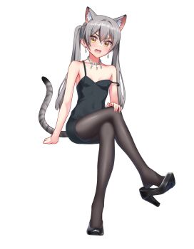1girl angry animal_ear_fluff animal_ears arm_support backless_dress backless_outfit bare_shoulders black_dress black_hair black_pantyhose black_shoes black_streaks black_tail borrowed_character breasts cat_ears cat_girl cat_tail cocktail_dress collarbone commentary covered_erect_nipples crossed_legs dot_nose double-parted_bangs dress earrings english_commentary extra_ears eyebrows_hidden_by_hair fingernails full_body furrowed_brow go!_go!_gris! grey_hair grey_tail hair_between_eyes hair_intakes half-closed_eyes hand_on_own_knee high_heels highres invisible_chair invisible_floor jewelry light_blush long_eyelashes long_hair long_legs looking_at_viewer lower_teeth_only moriforests multicolored_hair narrowed_eyes necklace open_mouth original pantyhose parted_hair pearl_earrings pearl_necklace pencil_dress shoe_dangle shoes short_dress sidelocks silver_nails simple_background sitting sleeveless sleeveless_dress slit_pupils small_breasts solo sparkling_eyes strap_slip streaked_hair striped_tail tail teeth thick_eyelashes thighs tsurime twintails two-tone_hair two-tone_tail v-shaped_eyebrows viska_(go!_go!_gris!) white_background yellow_eyes