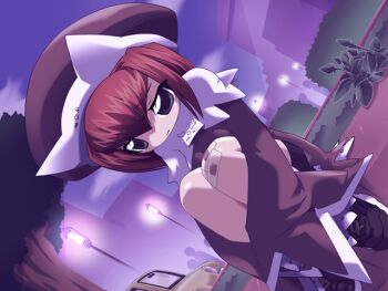 Rule 34 | 1girl, 2000s (style), bandaid, bandaid on leg, bike shorts, brown eyes, brown shirt, capelet, car, closed mouth, dutch angle, full body, game cg, grass, hair between eyes, hair intakes, half-closed eyes, hat, hugging own legs, kenki fujioka, lamppost, long sleeves, looking down, majo no ochakai, motor vehicle, nee (majo no ochakai), night, non-web source, official art, orange hair, park, raised inner eyebrows, shirt, sidelocks, sitting, solo, tree, wavy mouth, white capelet, wide sleeves, witch