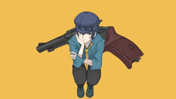 1girl black_pants blue_eyes blue_shirt closed_mouth collared_shirt commentary_request eyelashes full_body gun handgun hat highres long_sleeves new_nambu_m60 pants persona persona_4 reverse_trap shirogane_naoto shirt shoes short_hair simple_background solo squatting usa_(kawaii_152cm) weapon yellow_background