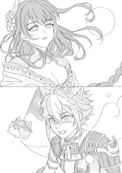 1boy 1girl absurdres animal_collar animal_ear_fluff animal_ears armor blunt_bangs braid breasts bridal_gauntlets chinese_commentary cleavage collar dog dog_boy dog_ears fangs flag floating floating_hair from_side genshin_impact gorou_(genshin_impact) hair_between_eyes hair_floating_upwards hair_ornament hat head_tilt highres japanese_armor japanese_clothes kimono lamian497 leaning_to_the_side long_braid long_hair looking_to_the_side mole mole_under_eye monochrome multicolored_hair neck_ribbon off_shoulder open_mouth paw_print raiden_shogun ribbon shiba_inu short_hair single_braid streaked_hair taroumaru_(genshin_impact) upper_body white_background