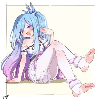 1girl absurdres blue_hair blue_nails boppin commentary commission duel_monster english_commentary feet highres long_hair multicolored_hair nail_polish no_shoes pantyhose rilliona_(yu-gi-oh!) soles solo toeless_legwear toes white_pantyhose witchcrafter_madame_verre yu-gi-oh!