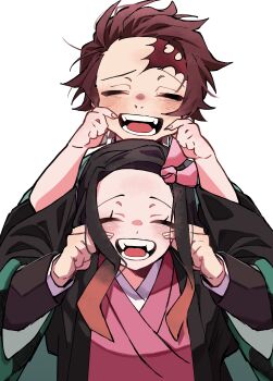 1boy 1girl absurdres black_hair blush brown_hair checkered_haori closed_eyes facing_viewer fingernails haori highres japanese_clothes kamado_nezuko kamado_tanjirou kimetsu_no_yaiba long_hair open_mouth short_hair si_kn_22 simple_background smile teeth tongue upper_body white_background