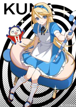Rule 34 | 1boy, absurdres, apron, bisho imobing hito, black ribbon, blonde hair, blue dress, blue eyes, blue hairband, cane, character name, commentary request, crossdressing, crossdressing (mtf), dress, hair between eyes, hairband, highres, holding, holding cane, kuma (human) (persona 4), kuma (persona 4), long hair, looking at viewer, male focus, persona, persona 4, ribbon, short sleeves, sitting, socks, solo, trap, white apron, white socks