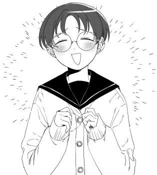 1girl :d ^_^ blush cardigan closed_eyes commentary ear_piercing earrings furrowed_brow futsuu_no_keion-bu glasses greyscale hands_up happy_aura highres jewelry monochrome nikaidou_mawari open_mouth parted_bangs piercing round_eyewear rra_(yj) sailor_collar school_uniform short_hair simple_background sleeves_past_wrists smile solo upper_body white_background